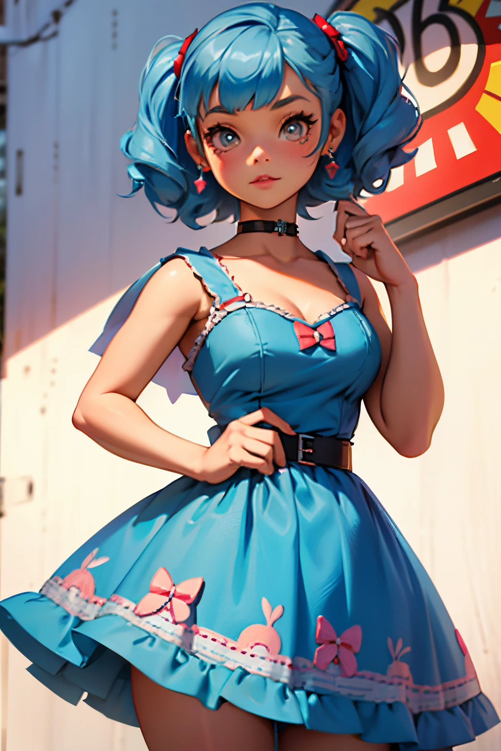 a pin up blythe doll with blue hair, V bangs. She has a red 50s dress