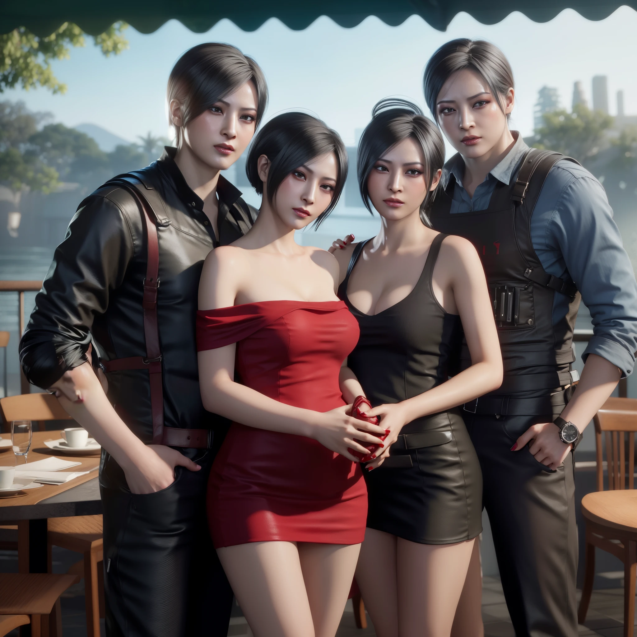 Woman, Ada wong,horny expression, glazed eyes, wearing mini red dress, black nails polish