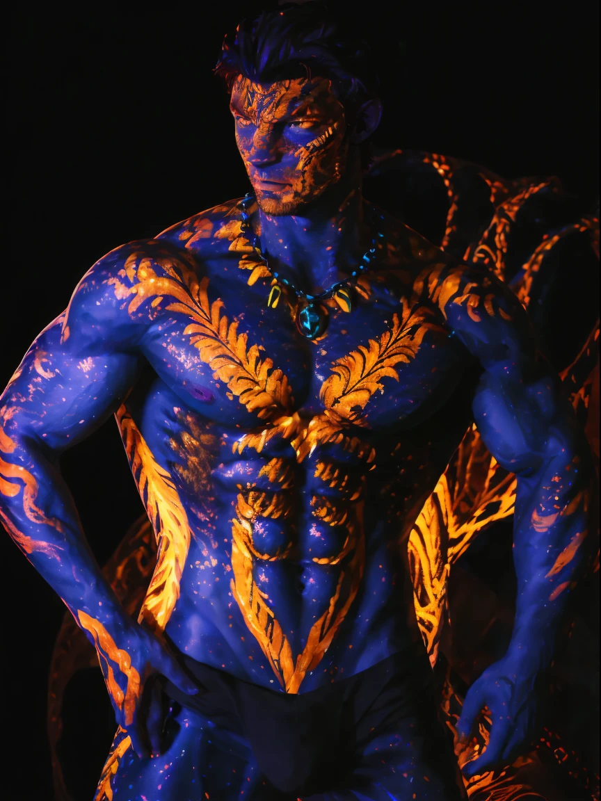 Blacklight painted on whole body and face of a man, jake_sully, sam worthington, solo, large pectorals, shirtless, muscular, looking at viewer, jewelry, yellow eyes, upper body, male focus, necklace, dark black background