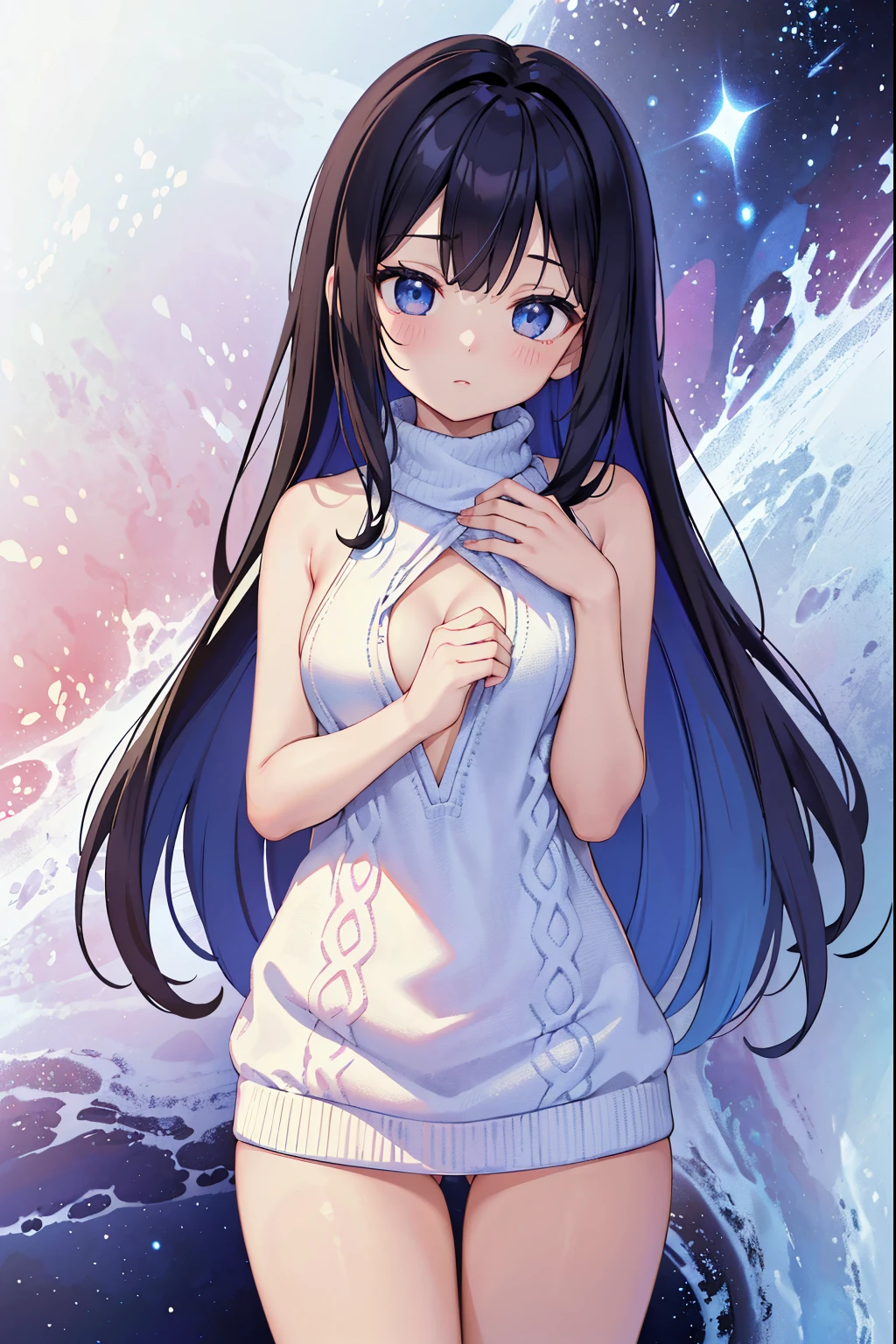 (​masterpiece、top-quality:1.5、a high chroma:1.5、ultra-detailliert、high-resolution illustrations:1.5、Ultra-high-definition CG、8k size wallpaper、offcial art)、(virgin killer sweater )、 Medium chest
,Cowboy Shot、girl, cloud, Colorful, masutepiece, galaxies background