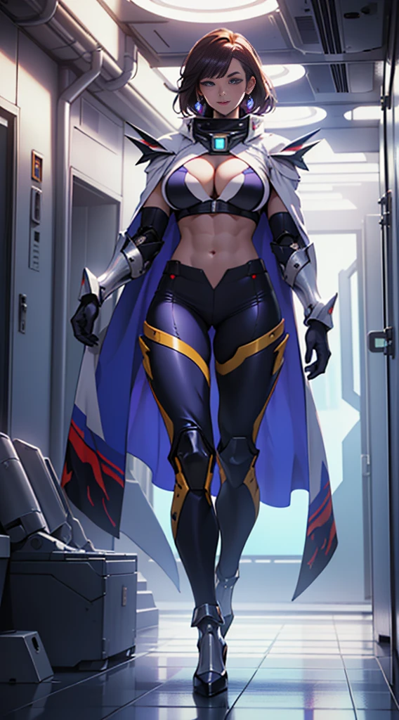 (1GIRL, SOLO), (ssmile, makeup, beautifull eyes, red_libs, dark_hair), (BIG BUTTOCKS, HUGE BOOBS:1.4), (PHOENIX MECHA GUARD ARM, GLOVES:1.3), (white, purple, MECHA CYBER SHINY ARMORED SUIT, ROYAL CAPE, CLEAVAGE, MECHA SKINTIGHT PANTS, GUARD ARMOR LEGS, HIGH HEELS:1.4), (MUSCULAR BODY, SEXY LONG LEGS, FULL BODY:1.5), (MUSCLE ABS:1.2), (LOOKING AT VIEWER:1.3), (WALKING DOWN HALLWAY OF FUTURISTIC SPACE STATION, BRIGHT LIGHTING IN THE ROOM:1.3), PHYSICALLY-BASED RENDERING, ULTRA HIGHT DEFINITION, 16K, 1080P.