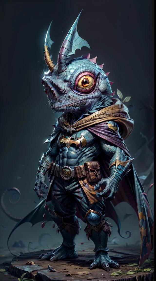 There is a chameleon wearing a batman costume, Full body shot, Lindo arte digital detallado, Adorable pintura digital, Lindo arte digital, lindas ilustraciones detalladas, Linda criatura del bosque, furry fantasy art, Teemo, Teemo de League of Legends, linda criatura, Arte digital detallado 4K, linda criatura, Arte digital 4K altamente detallado, Anthropomorphic chameleon