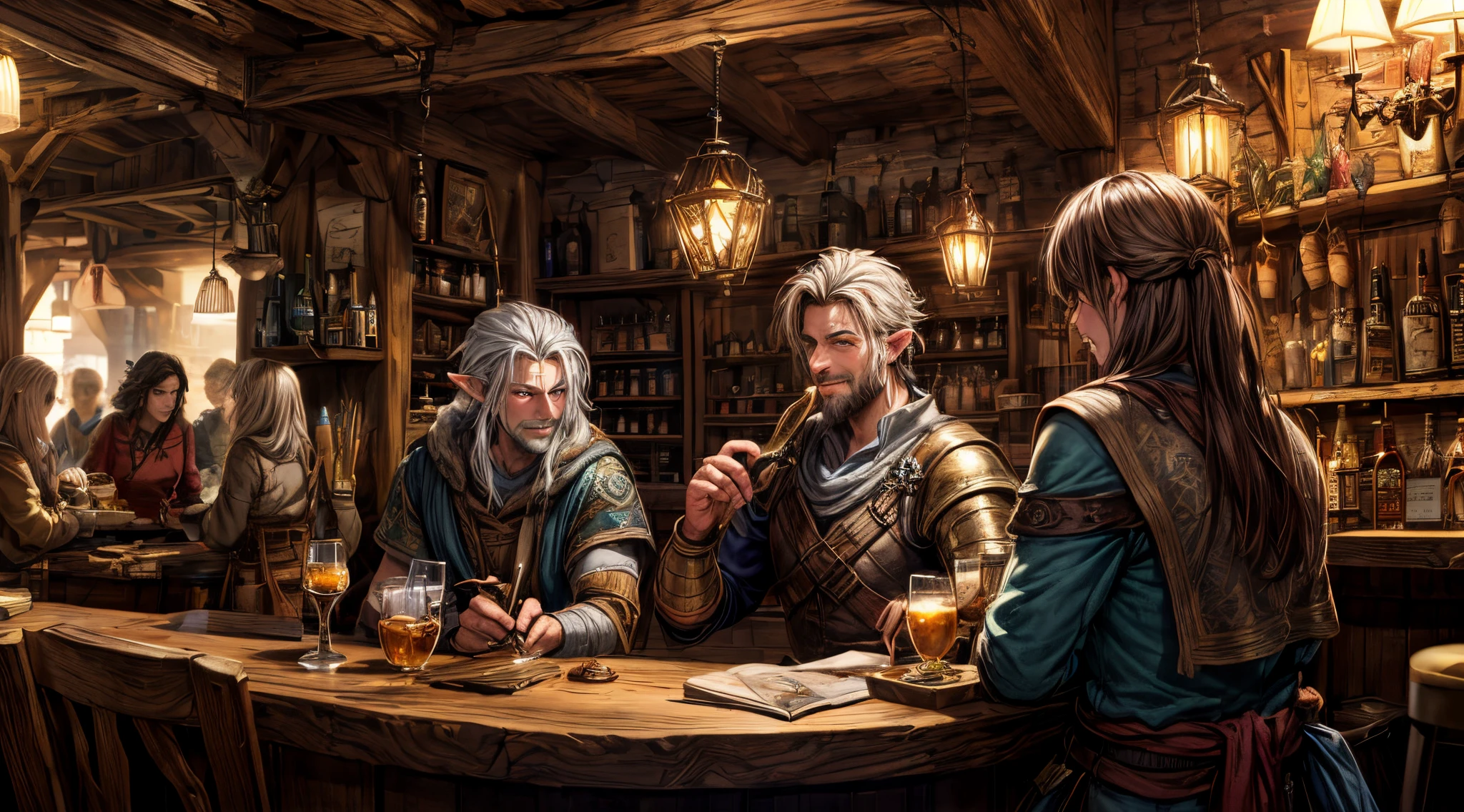 (best quality,4k,Realistic:1.37),ultra-detalhado,medieval,RPG,Taberna,Loja de Fantasia,efeitos de profundidade realistas,textura de madeira detalhada,interior ricamente decorado,luz de velas quente,cores vibrantes,atmosfera empoeirada,tochas piscando,bar counter with personality,bancos de bar diferenciados,hanging tapestries,canecas fumegantes de cerveja,lustres elaborados,majestosa armadura,tilintar de canecas,risadas alegres de aventureiros,buzz of magic spells,lively background music,vislumbre de uma porta escondida,clandestine meeting of secret figures,moedas de ouro cintilantes,overflowing treasure chests,prateleiras de carvalho escuro forradas com artefatos encantados,Potions and mystical scrolls,magical weapons and armor,friendly bartender with a knowing smile,lively crowd of adventurers exchanging stories,slender elven archer drinking a glass of wine,tall dwarf blacksmith examining a newly forged sword,curioso halfling ladino olhando bugigangas brilhantes,mythical creatures painted on the walls,fogo bruxuleante na lareira,mapas antigos de terras inexploradas pendurados nas paredes,window overlooking a starry night sky,adventurers planning their next mission,sussurros misteriosos no ar.