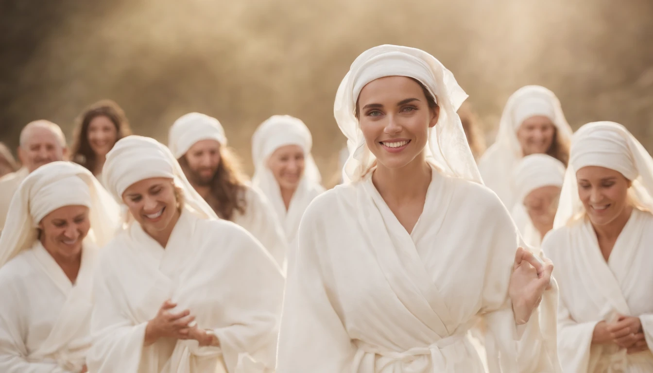 a pixa Disney cartoon  of biblical times, A Lot of happy in heaven dressed in white cloths having white robe around their west.