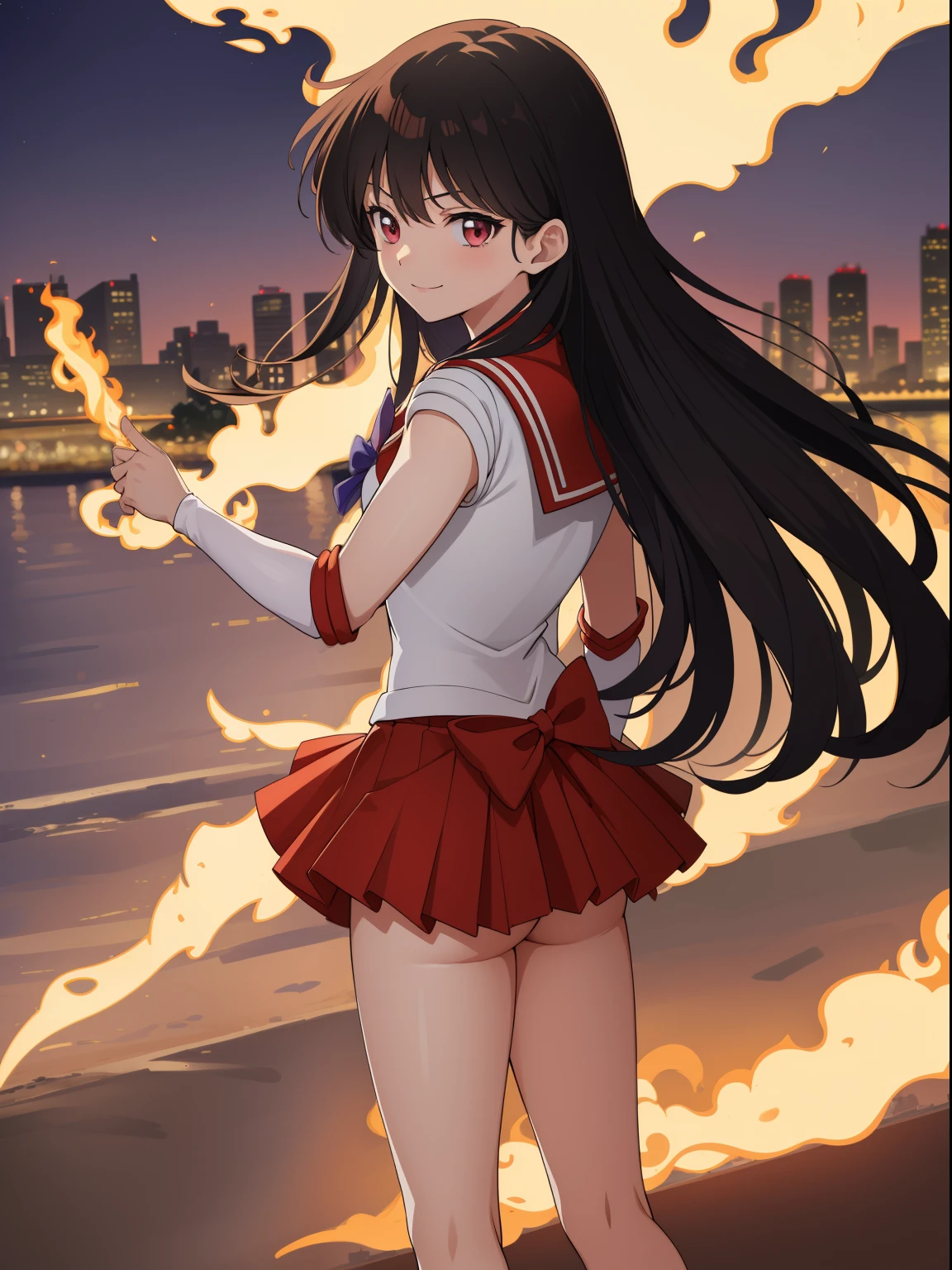 masutepiece, Best Quality, absurderes, perfect anatomia, 1girl in, Solo, SMmars, Very long hair, Parted bangs, Sailor Senshi Uniform, Red sailor collar, Red skirt, elbow groves, Standing, Cowboy Shot, Smile,[Cartoon flame on background],((Night view,city lights background)),Dynamic Pose,