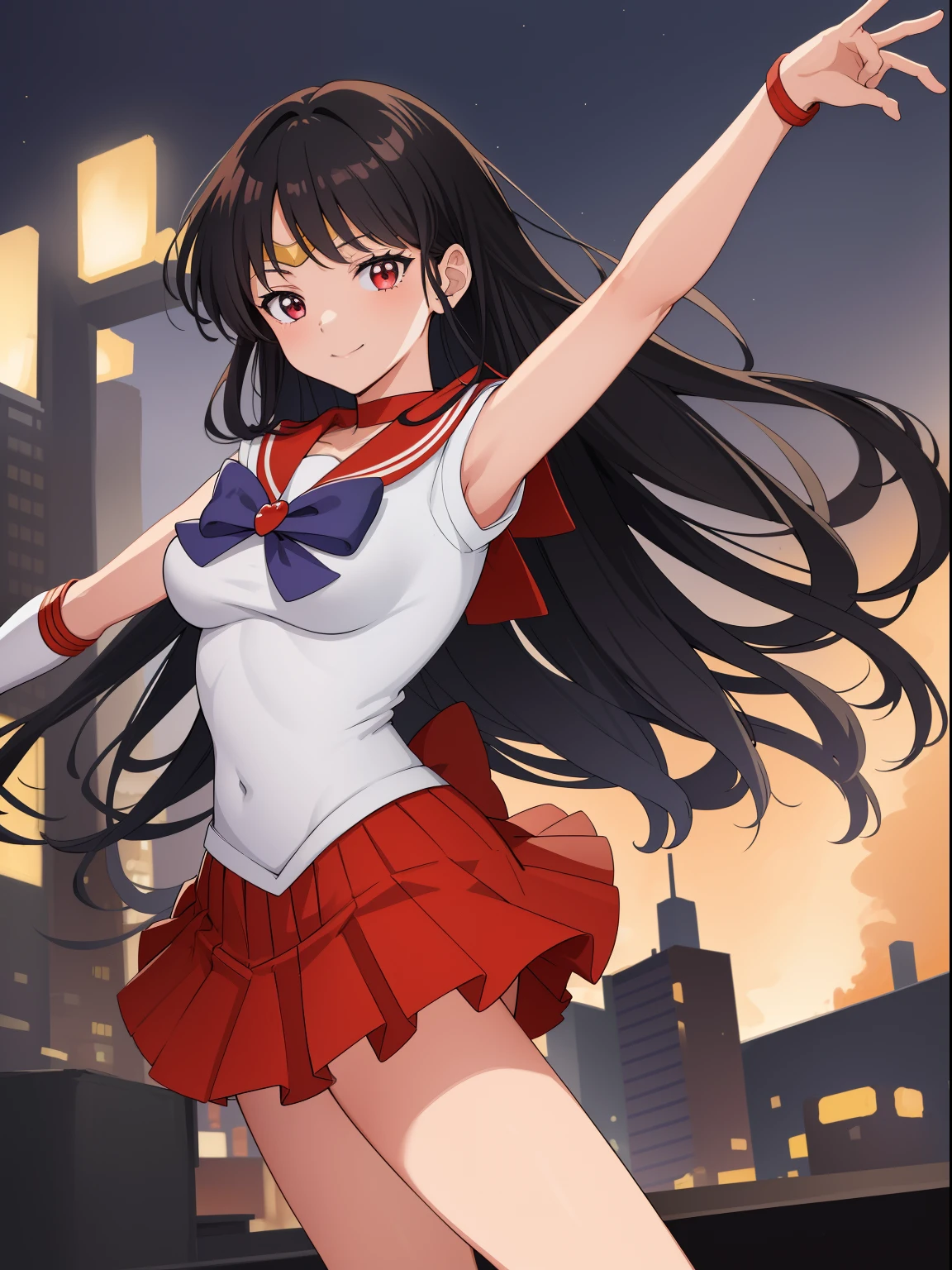 masutepiece, Best Quality, absurderes, perfect anatomia, 1girl in, Solo, SMmars, Very long hair, Parted bangs, Sailor Senshi Uniform, Red sailor collar, Red skirt, elbow groves, Standing, Cowboy Shot, Smile,[Cartoon flame on background],((Night view,city lights background)),Dynamic Pose,