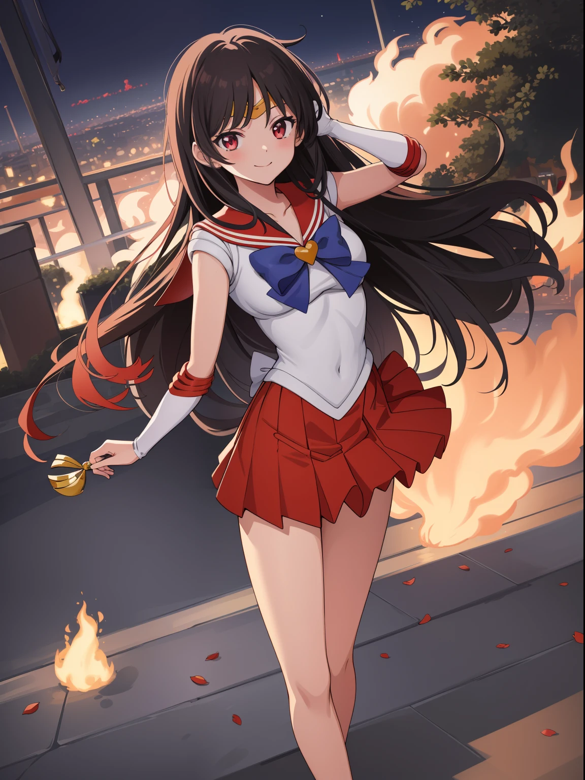 masutepiece, Best Quality, absurderes, perfect anatomia, 1girl in, Solo, SMmars, Very long hair, Parted bangs, Sailor Senshi Uniform, Red sailor collar, Red skirt, elbow groves, Standing, Cowboy Shot, Smile,[Cartoon flame on background],((Night view,city lights background)),Dynamic Pose,