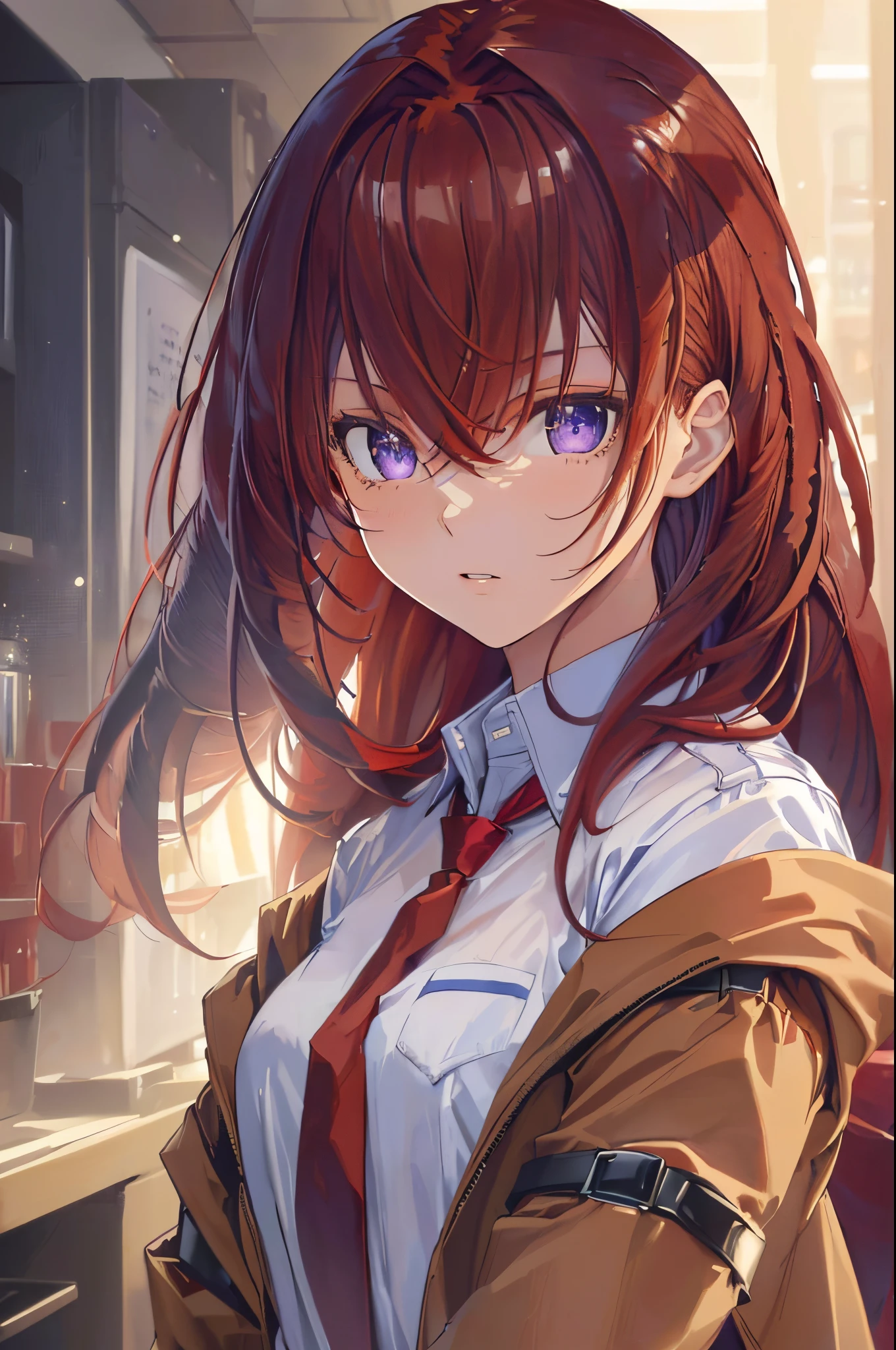 ((face portrait)), ((masterpiece), (best quality), ultra high res, 1girl, long hair, (red hair:1.5), long hair, eyes visible through hair, bangs, hair between eyes, blue eyes, purple eyes, jacket, shirt, red necktie, necktie, white shirt, brown jacket, room, lab, portrait, looking at the viewer,