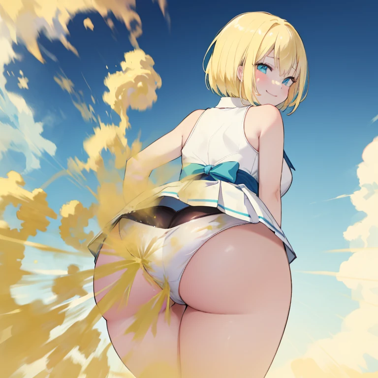 , Sleeveless white dress, Short skirt dress, Blue and white striped panties, massive ass, Turn around and look back, Smile, joy, smiling face, fart, onara, fart, farting, big fart, Fart from the ass, Yellow smoke, Yellow smoke is rising, Green fields, Sunny weather