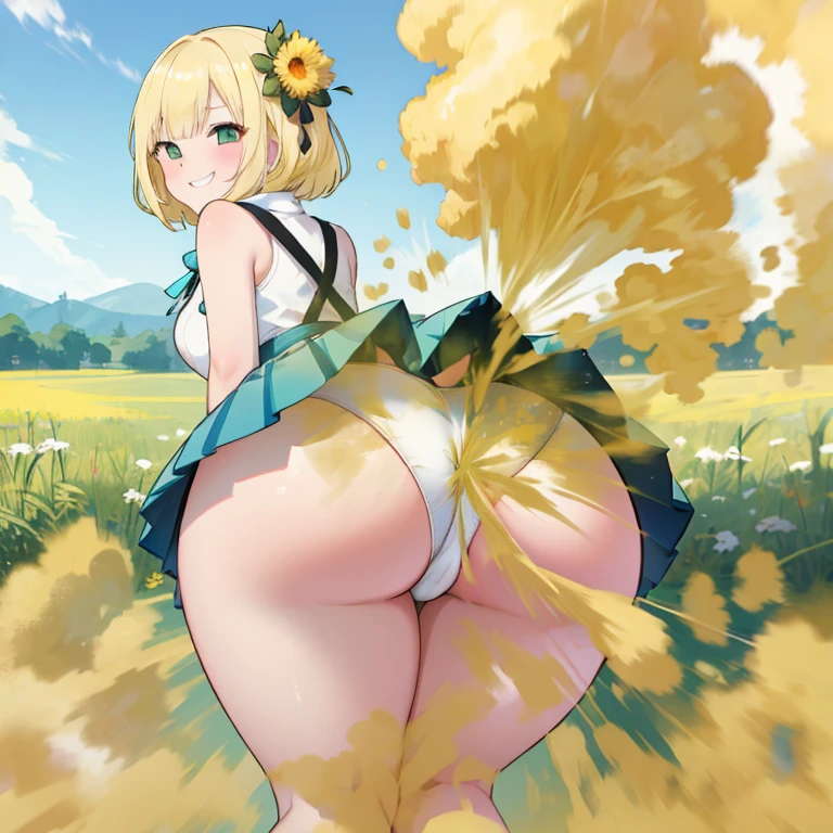 , Sleeveless white dress, Short skirt dress, Blue and white striped panties, massive ass, Turn around and look back, Smile, joy, smiling face, fart, onara, fart, farting, big fart, Fart from the ass, Yellow smoke, Yellow smoke is rising, Green fields, Sunny weather