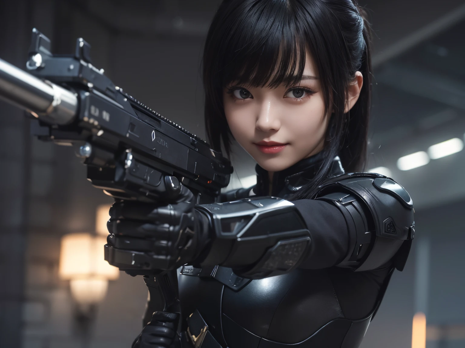 Close-up image of the upper body。Beautiful woman with a big futuristic gun。A dark-haired。Black eyes。Bangs are down。Mid-20s。smiling cruelly。Wearing a black metallic combat uniform。masterpiece。