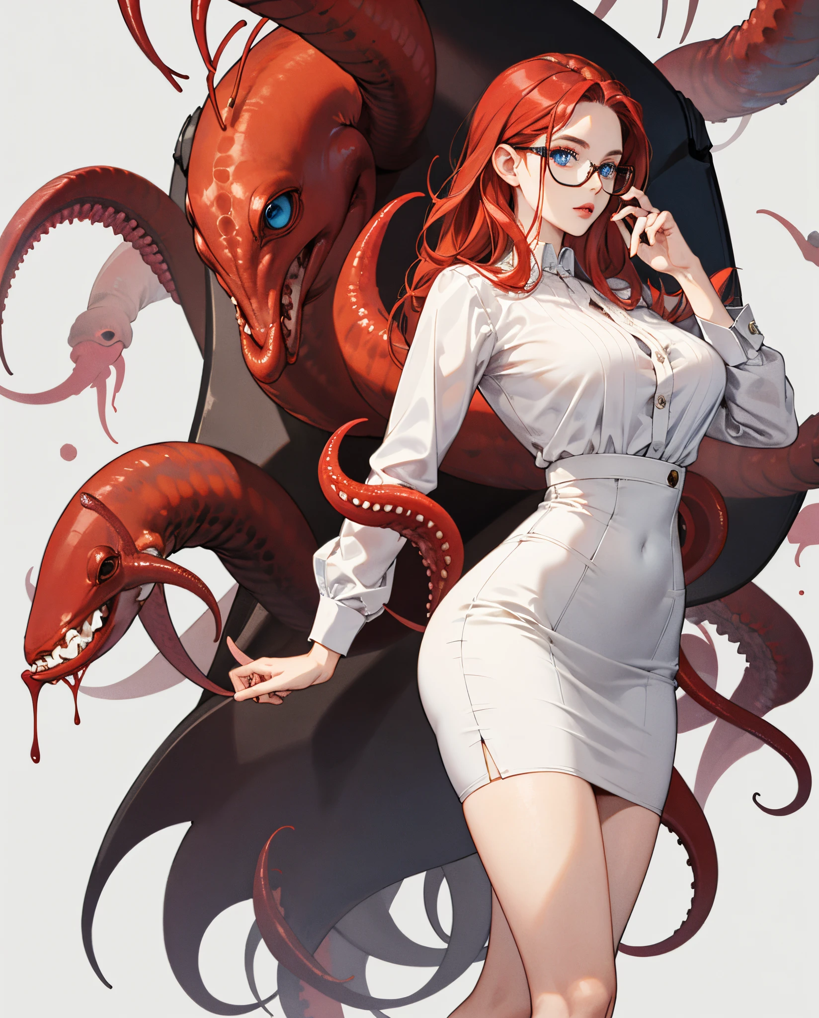 Cthulhy appears as an extremely voluptuous woman in her middle years with red hair and glasses with blue eyes. Her bottom half is that of a red squid with eight limbs in constant use. She is seen dressed in a formal white blouse and tight dark pencil skirt that her tentacles emerge from