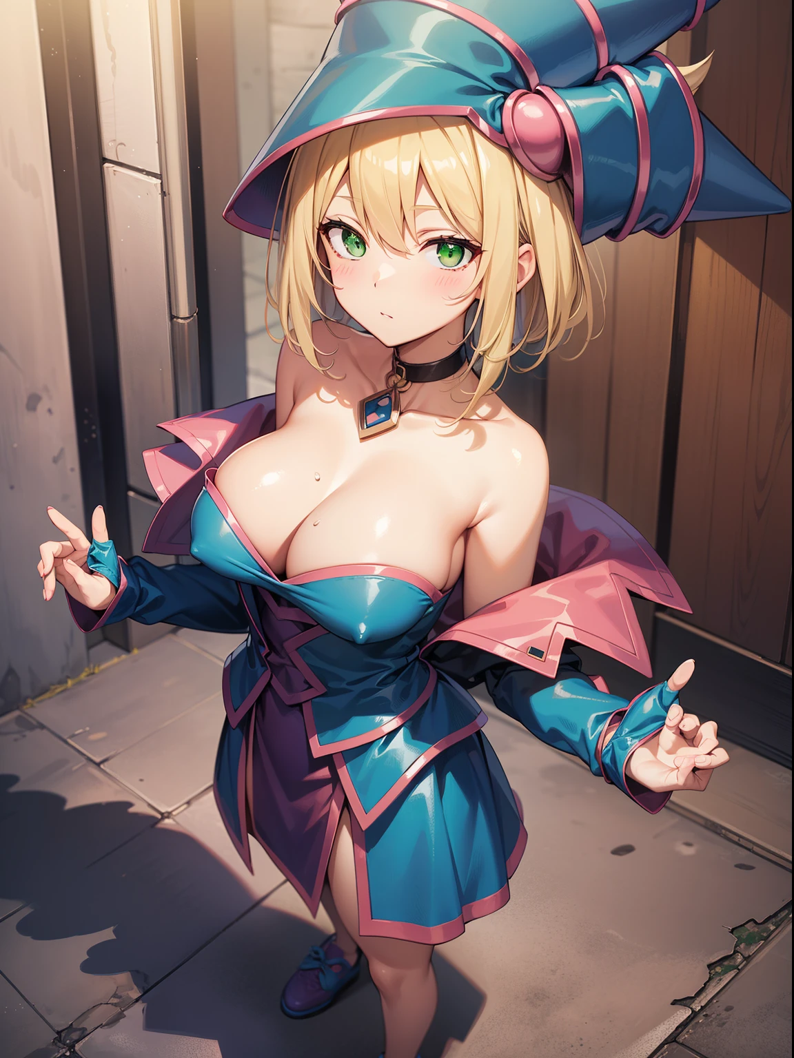 Dark magician girl, Dark Magician Girl, Blonde hair, Choker, (Green eyes:1.5), Long hair,
BREAK bare shoulders, blue footwear, blush, blush stickers, cleavage, 鎖骨, duel monster, hat, off shoulders, pentacle, Wizard Hat,
BREAK looking at viewer,
BREAK outdoors, city,
BREAK (masutepiece:1.2), Best Quality, High resolution, Unity 8k壁纸, (Illustration:0.8), (Beautiful detailed eyes:1.6), extra detailed face, Perfect Lighting, extremely details CG, (Perfect hands, Perfect Anatomy),