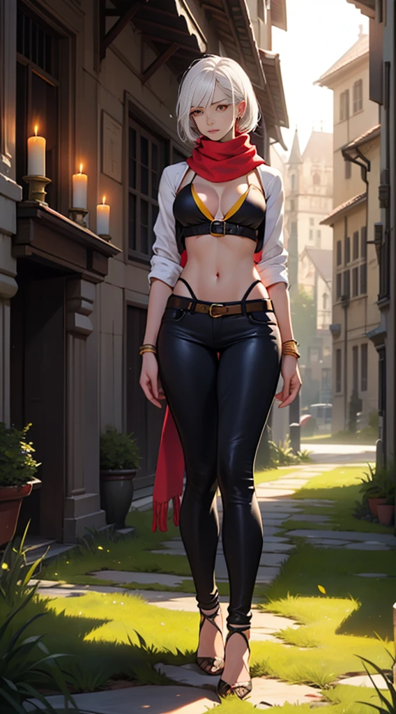 fair complexion, woman around 19 years old, natural white hair, distinctive red ruby eyes, slender and graceful, beautiful, candlelight in a medieval setting, ultra sharp focus, realistic shot, yellow tiger bikini, tetradic colors (scarf:1.4), red high heels, soil, ground, grass, standing straight on grass