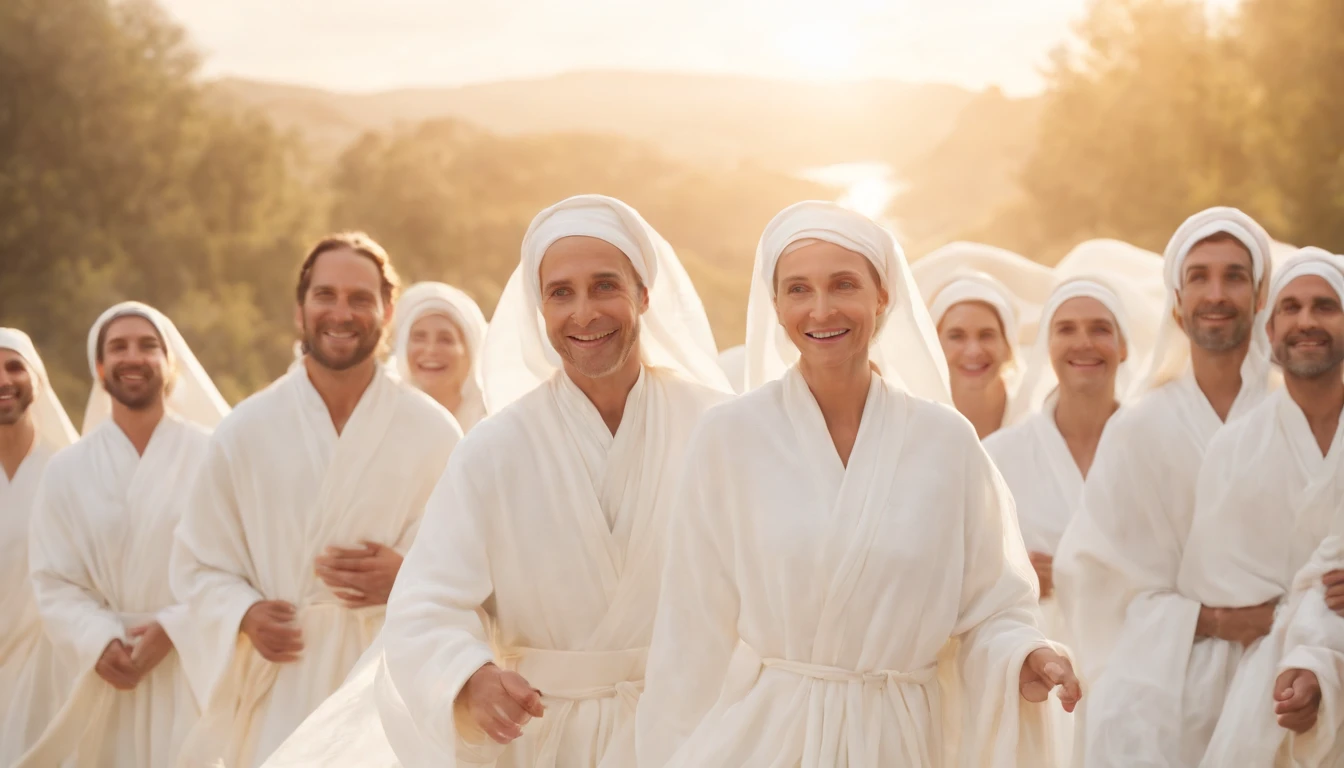 a pixa Disney cartoon of biblical times, A Lot of happy people men and women in heaven dressed in white cloths having white robe around their west.