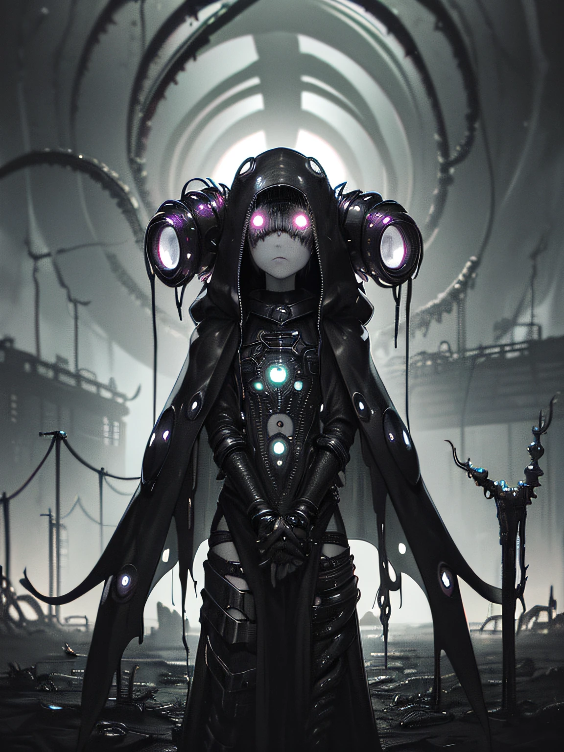 (((dark tentacle biopunk))), ((dark biopunk girl)), The Iron Mask, ((a lot of long closed clothes)), biopunk cape-shaped clothing, (Closed posture), hands together, Sits, Cold lighting, abandoned landscape in biopunk style, (Contempt for video game style), Horror atmosphere, the presence of something scary, very detailed biopunk background, von Hans Giger, perfect anatomy, Masterpiece