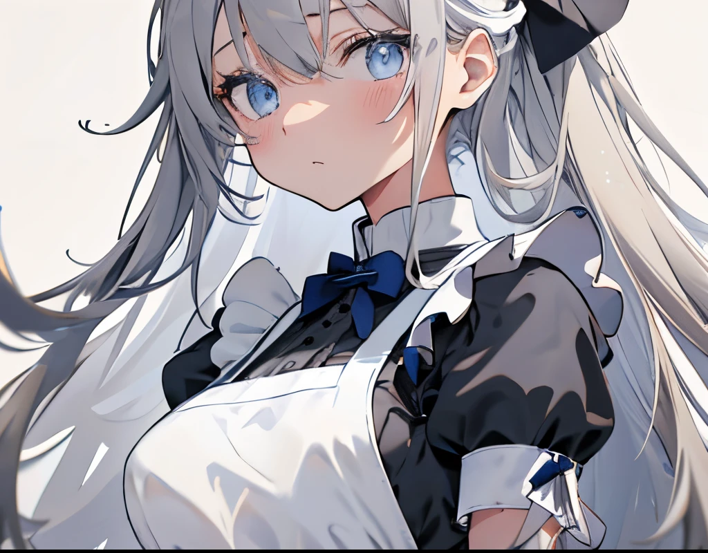 【Highest Quality, masutepiece】 [girl, expressioness, Cerulean blue eyes, very long hair,stare at each other,Shy face,boyish,maid clothes,Apron Dresses,frilld Upper body] (Gray white background:1.7), Surprised,large full breasts