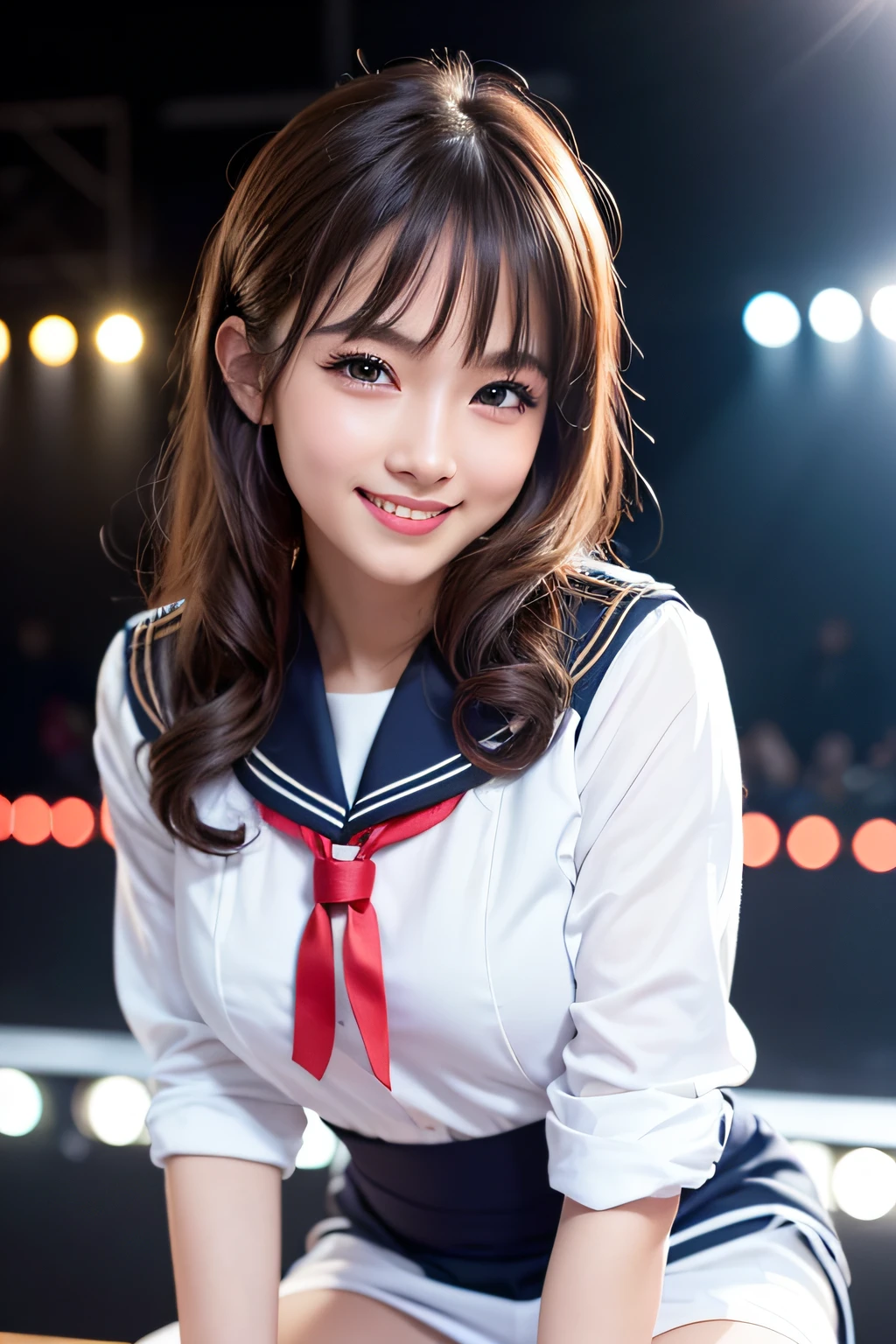 (Highly detailed CG Unity 8k wallpaper, of the highest quality, Ultra-detailed, High resolution, masutepiece, Realistic, Photorealistic:1.5), (cute Japanese girls), extra detailed face, Face Focus, Beautiful detailed eyes, Eye focus, (Detailed background), detailed clothes, super detailed skin, (Hatless sailor uniform idol costume:1.6), (Audience and stage background:1.6), Midi wavy hair, Brown hair, Floating hair, medium breasts, medium ass, (make up), (Adorable smile:1.3), (POV:1.6),