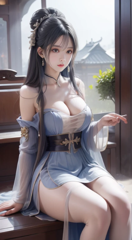 girl with，年轻，black colored hair，horse tails，wearing a white tulle dress，layers of clothing，see -through，approach the skin，Hanfu Style，Exposed cleavage，D-cups，high quality white stockings，Real Silk，Raised sexy，inside in room，Sitting，独奏，best qualtiy，The best lighting，Highest high resolution，16 K，Up to detail，