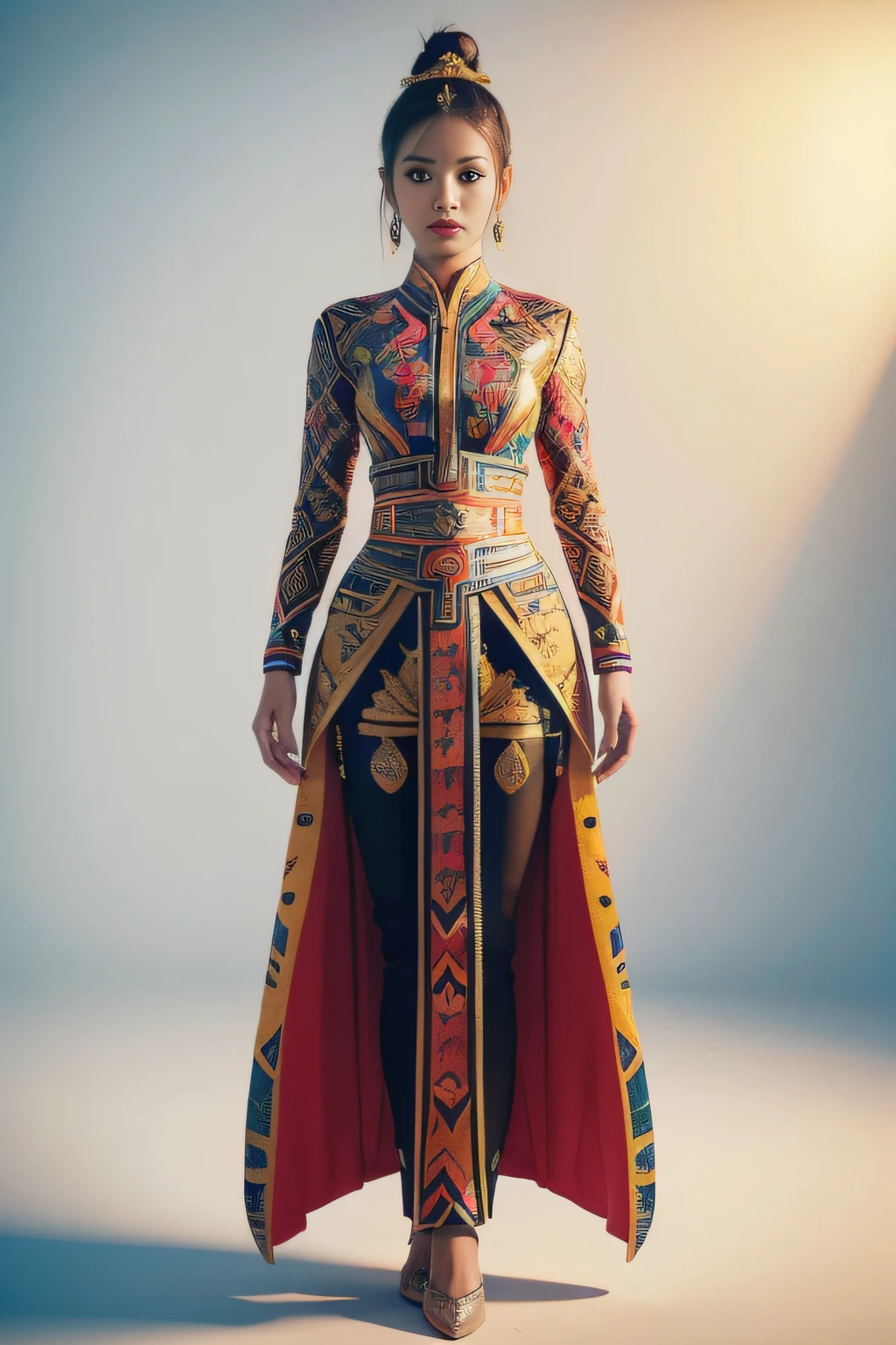 An Indonesian-styled futuristic suit worn by a girl depicting cultural fusion and modern fashion. The suit is adorned with intricate patterns and vibrant colors, showcasing the rich heritage of Indonesia. The girl stands confidently in a dynamic pose, with her detailed eyes reflecting determination and curiosity. The suit's material is a combination of traditional textiles and futuristic synthetic fabrics, giving it a unique and avant-garde appearance. The overall image quality is of the highest standard, with sharp focus and ultra-detailed rendering. The artwork employs physically-based rendering techniques, resulting in realistic lighting and shadows. The colors are vivid and vibrant, capturing the essence of Indonesian cultural aesthetics. The background features a fusion of modern architecture and traditional elements, creating a harmonious blend of the past and the future. The prompt explores the intersection of Indonesian culture, futuristic design, and the artistic representation of a confident girl.