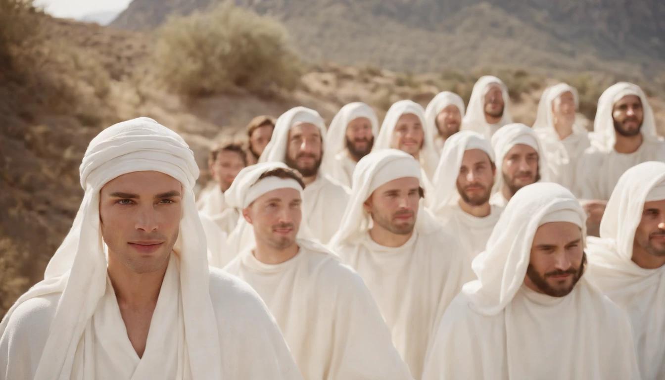 a pixa Disney cartoon  of biblical times, A Lot of happy young men in heaven dressed in white cloths having white robe around their west.