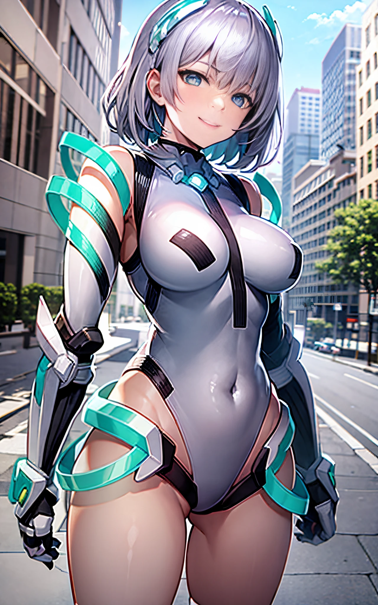 lightsmile, deva battle suit, Outdoors, Silver hair, bobhair, Blue eyes, waist shot