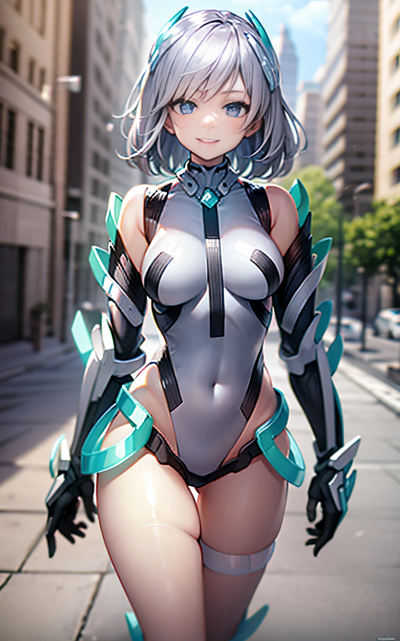 lightsmile, deva battle suit, Outdoors, Silver hair, bobhair, Blue eyes, waist shot