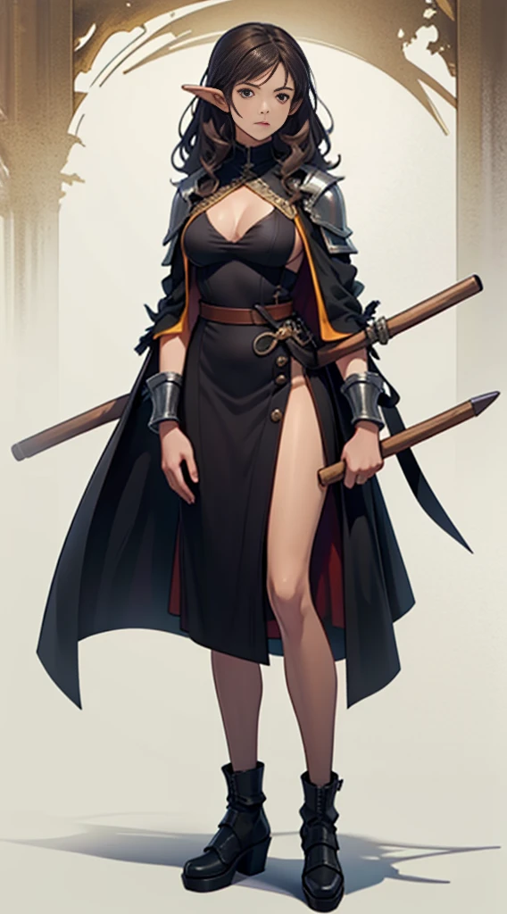 standing straight symmetrical, full body, solo girl looking to the camera, Female tiefling dark hair bright skin, Taupe Brown theme, A girl 14 years old, Medieval European aristocracy, Short wavy black hair parted in the middle, Full body, Leather Breast Plate, Sorcerer's robe, Leather shoes, White wall background, Equipped with a thick wooden staff equal in length to his left hand, artistic drawing