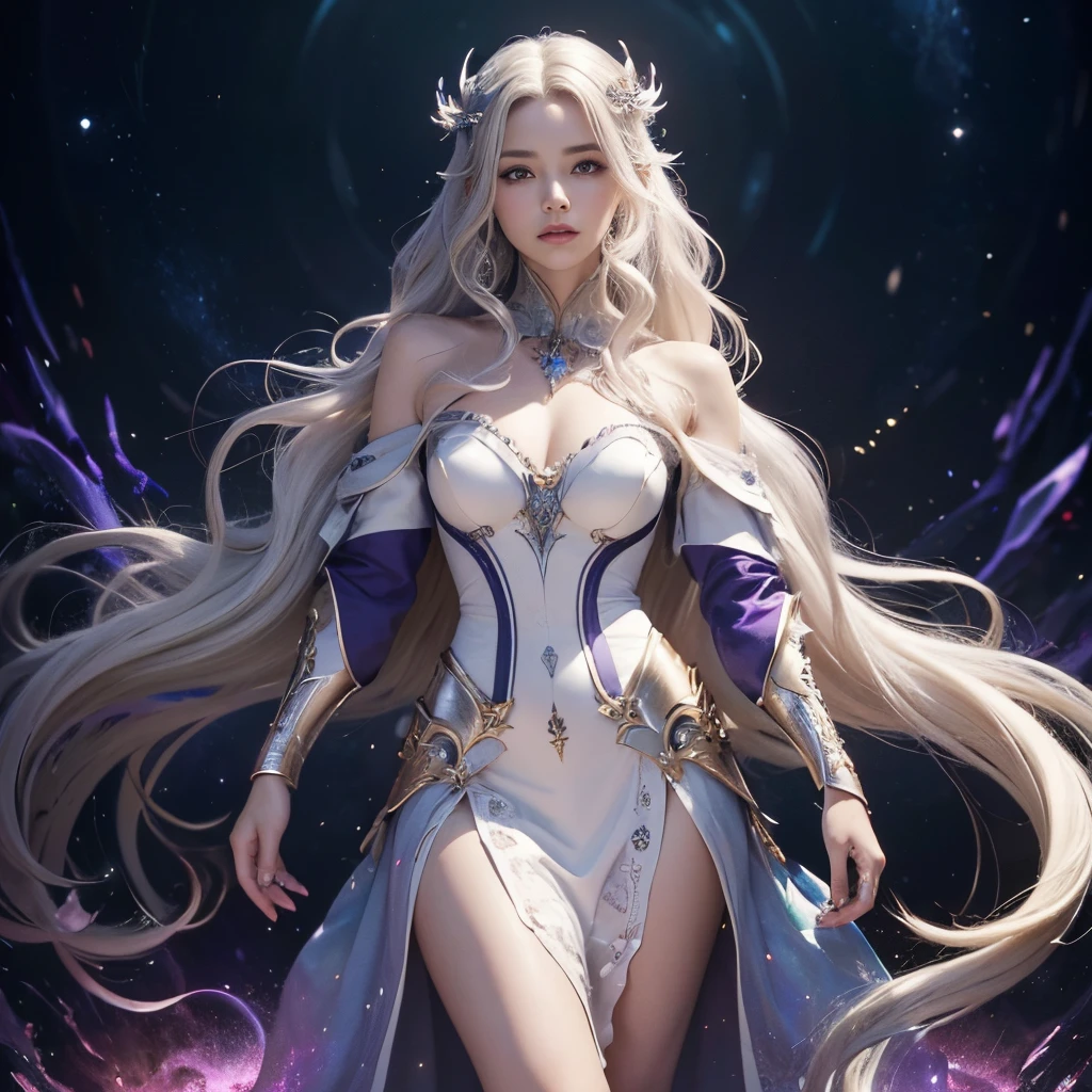 (piece of master), ((corpo inteiro)), (looking back over sholder) uma mulher com cabelo comprido, curly hair, (cabelos brancos), e um vestido roxo, Anime Girl with Cosmic Hair, bela arte digital, bela arte digital, (roupas roxas) bela arte digital, Arte bonita UHD 4K, bela arte digital, iluminado, (Atmospheric Illumination), arte digital 4K altamente detalhada, retrato bonito da arte da fantasia, bela arte de fantasia, arte digital de fantasia, goddess of galaxies, pele detalhada, detalhes do rosto, ((cabelo platinado;))arte digital, ((conceito de personagem)) detalhado em 4k, rosto bonito detalhado.