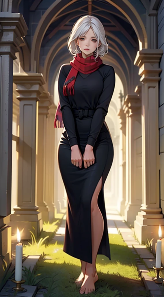 fair complexion, woman around 19 years old, natural white hair, distinctive red ruby eyes, wearing kohl, slender and graceful, beautiful, candlelight in a medieval setting, ultra sharp focus, realistic shot, medieval female clothes, tetradic colors (scarf:1.4), barefoot, soil, ground, grass, standing straight on grass