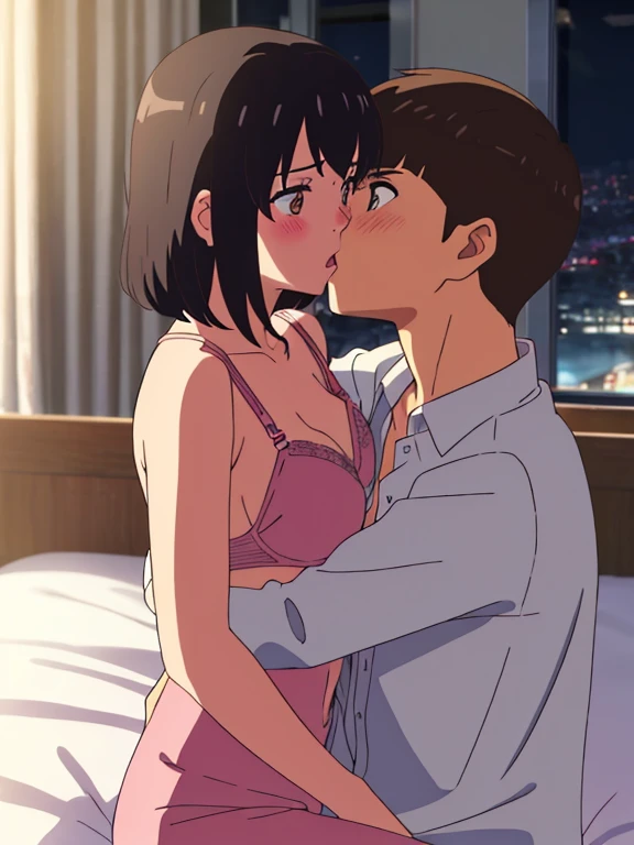shinkai makoto, kimi no na wa.,1boy, buzzcut,nude, boy is front of girl, passionate hug, face press on the chest, sniffing chest, kiss chest, 1girl, bangs, black hair, blush, brown eyes, worried eyes, indoors, short hair, open mouth, white long sleeve shirt, unbuttoned shirt, open shirt, pink bra, medium breast, night, bedroom, sit on bed