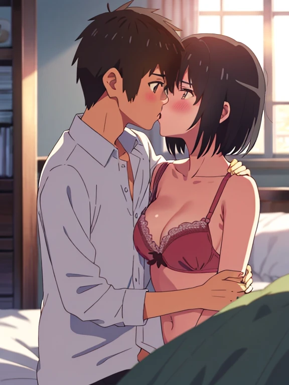 shinkai makoto, kimi no na wa.,1boy, buzzcut,nude, boy is front of girl, passionate hug, face press on the chest, sniffing chest, kiss chest, 1girl, bangs, black hair, blush, brown eyes, worried eyes, indoors, short hair, open mouth, white long sleeve shirt, unbuttoned shirt, open shirt, pink bra, medium breast, night, bedroom, sit on bed