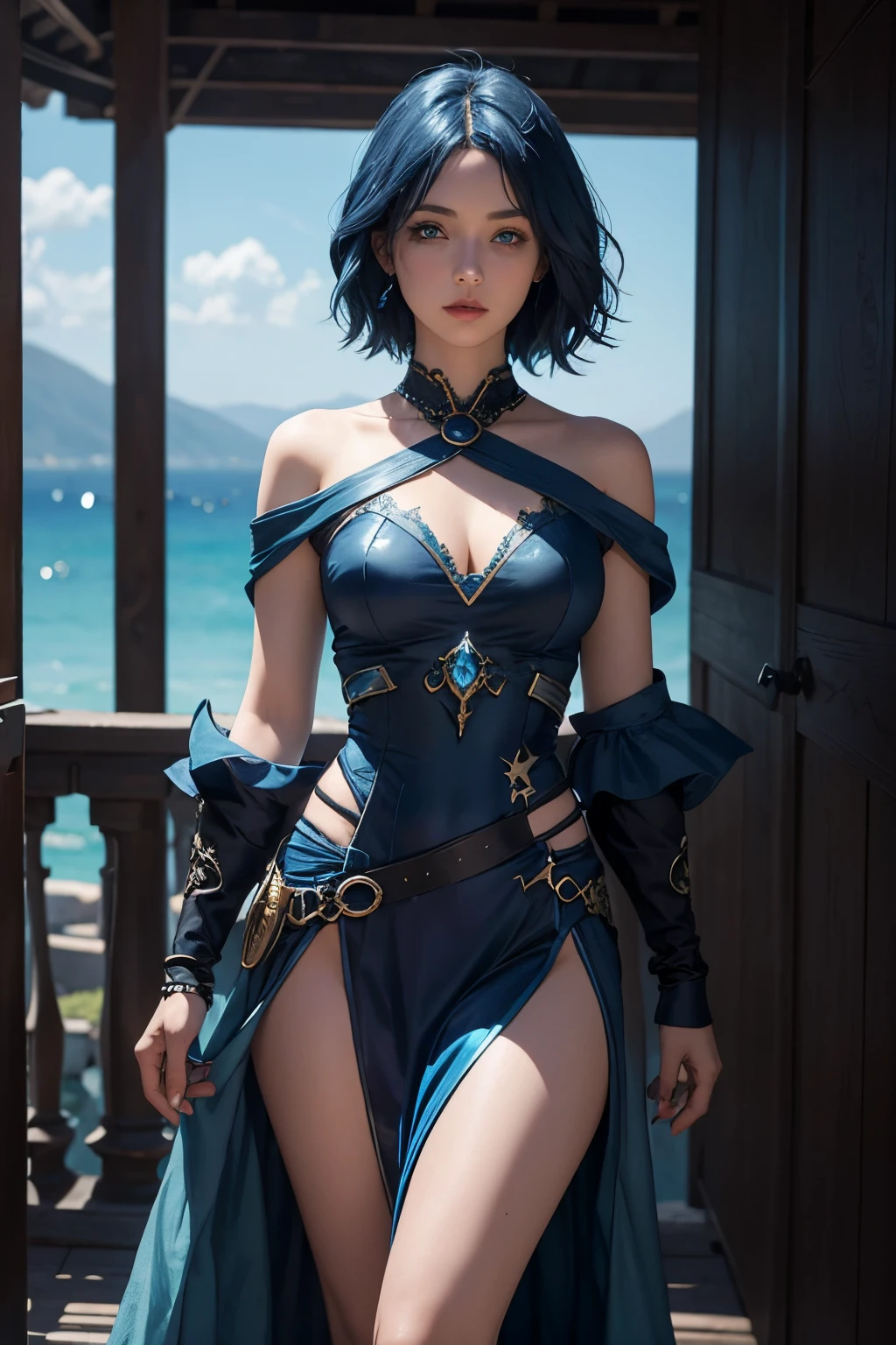 Female ocean sorceress,dark blue and blue hair,short hair,blue eye,dark blue and blue costume,fantasy costume,open shoulder,open waist,armband