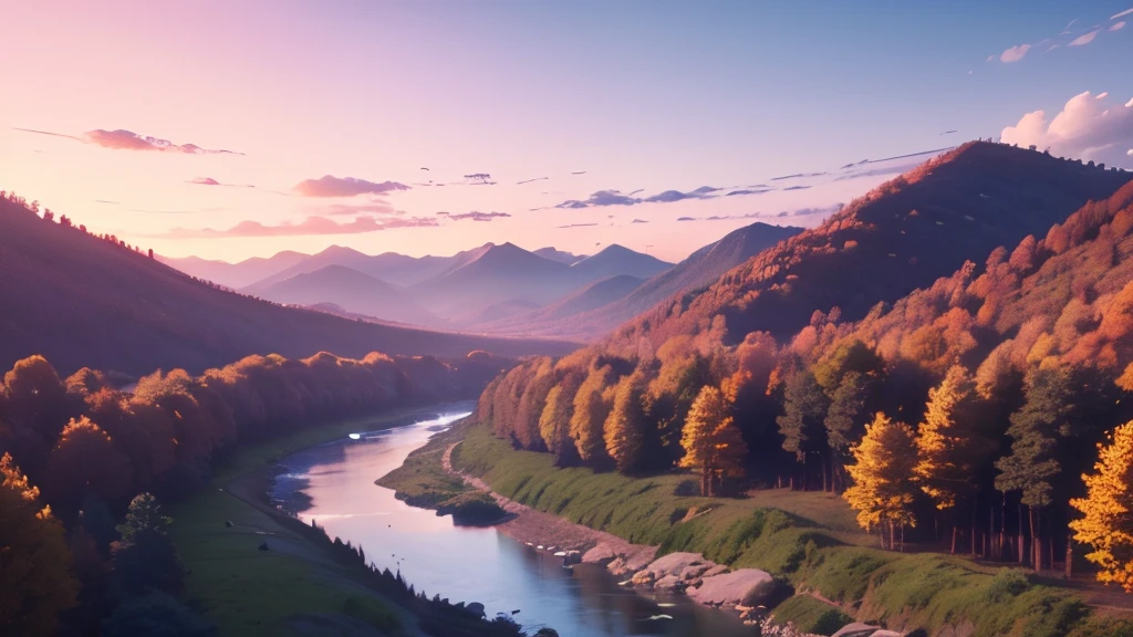 a stunning view, clear sky morning in the mountains, trees, river stream, beautiful sky, morning sunshine, clear weather, professional anime 3d