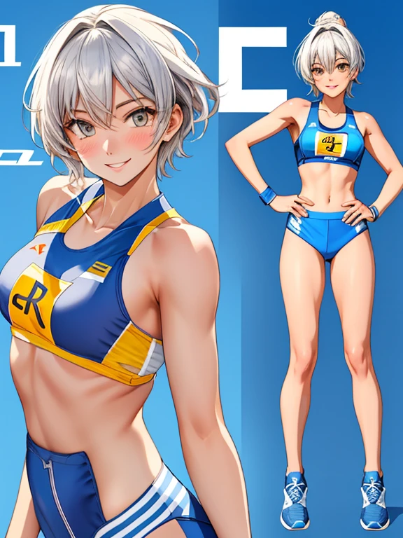 //Character
1girl, track and field athlete, perfect body, slim curve, skinny body, ultra detailed face, super beautiful, innocent, cute girl, thin eyeblow, rond face, smiling full of compassion, half opened mouth, kissing face,beautiful short hair, tying up style
BREAK
//Fashion
uniform of track and field uniform,
it consists of pale blue racing bras and racing brief,
bare foot, gray and yellow athletics shoes
BREAK
at a studium , at noon , sunny day