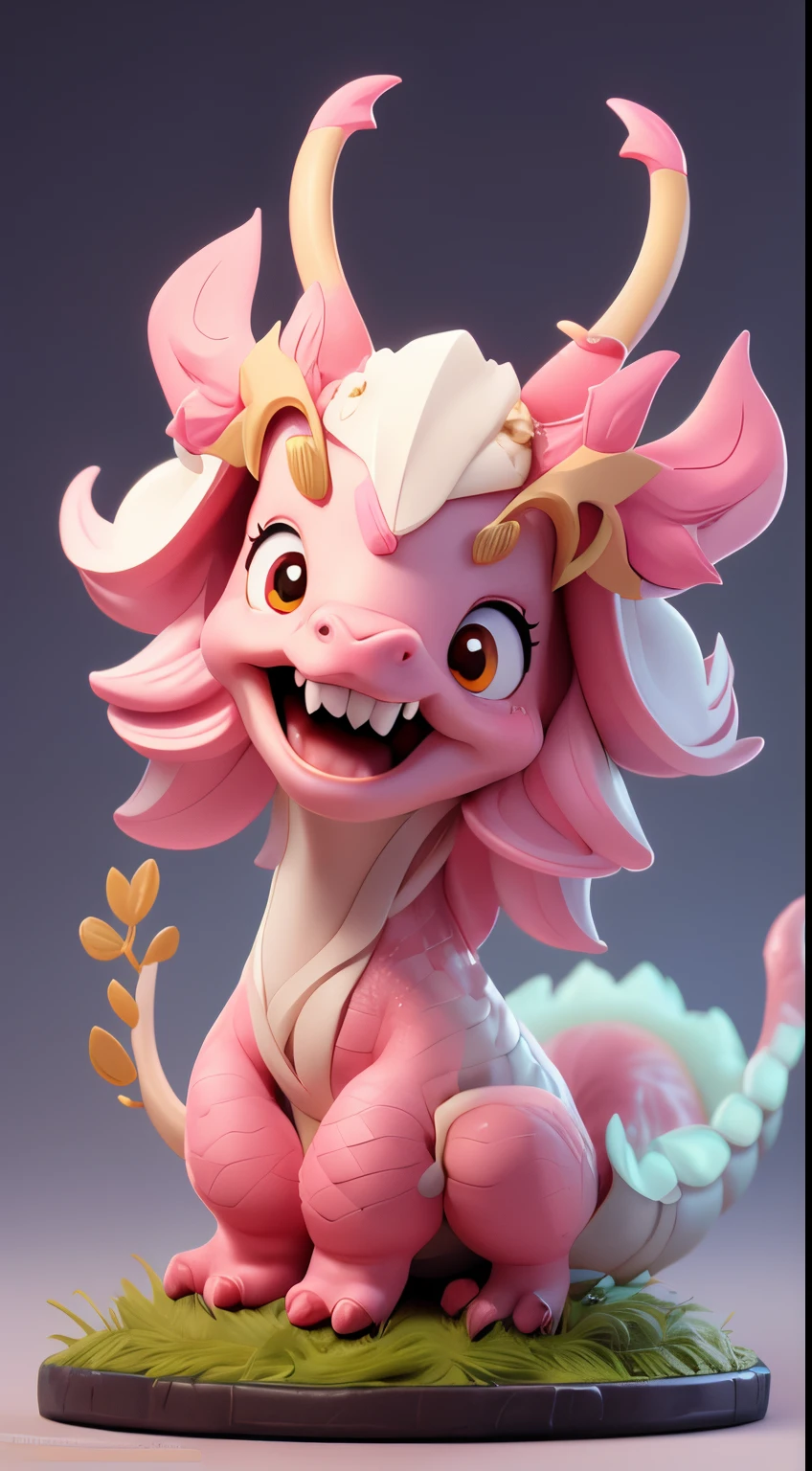 chibi, masterpiece, best quality, original, official art,full body,A cute Chinese dragon, antlers, two hands,Pink dragon scales, standing, anthropomorphic, beautiful light, surreal,blurred background,,cartoon rendering,bright light,
