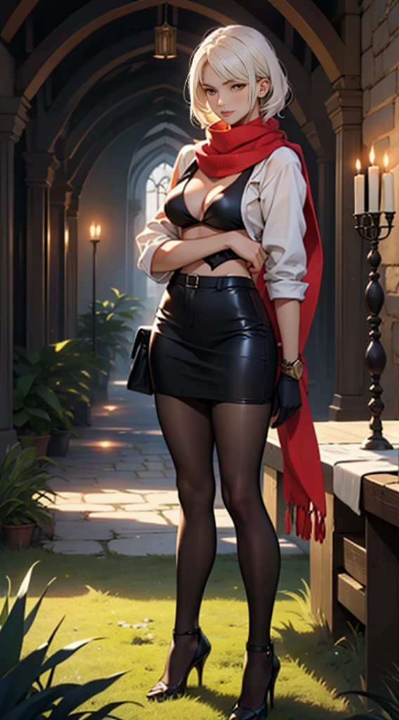 fair complexion, woman around 19 years old, natural white hair, distinctive red ruby eyes, slender and graceful, beautiful, candlelight in a medieval setting, ultra sharp focus, realistic shot, yellow tiger bikini, tetradic colors (scarf:1.4), red high heels, soil, ground, grass, standing straight on grass