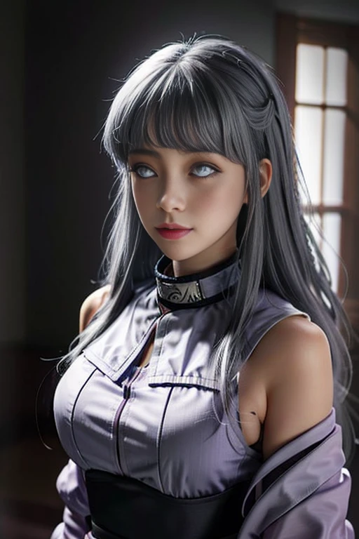 ((tmasterpiece)), number art, A high resolution, Hinata Hinata, Long gray hair, Long gray hair, Hinata Hinata, Realistic art, Lilac eyes, Lilac hair,Baihao's princess, The content is very detailed, Alone,The forehead protector hangs around the neck, Standing in the middle of the pavilion,4K