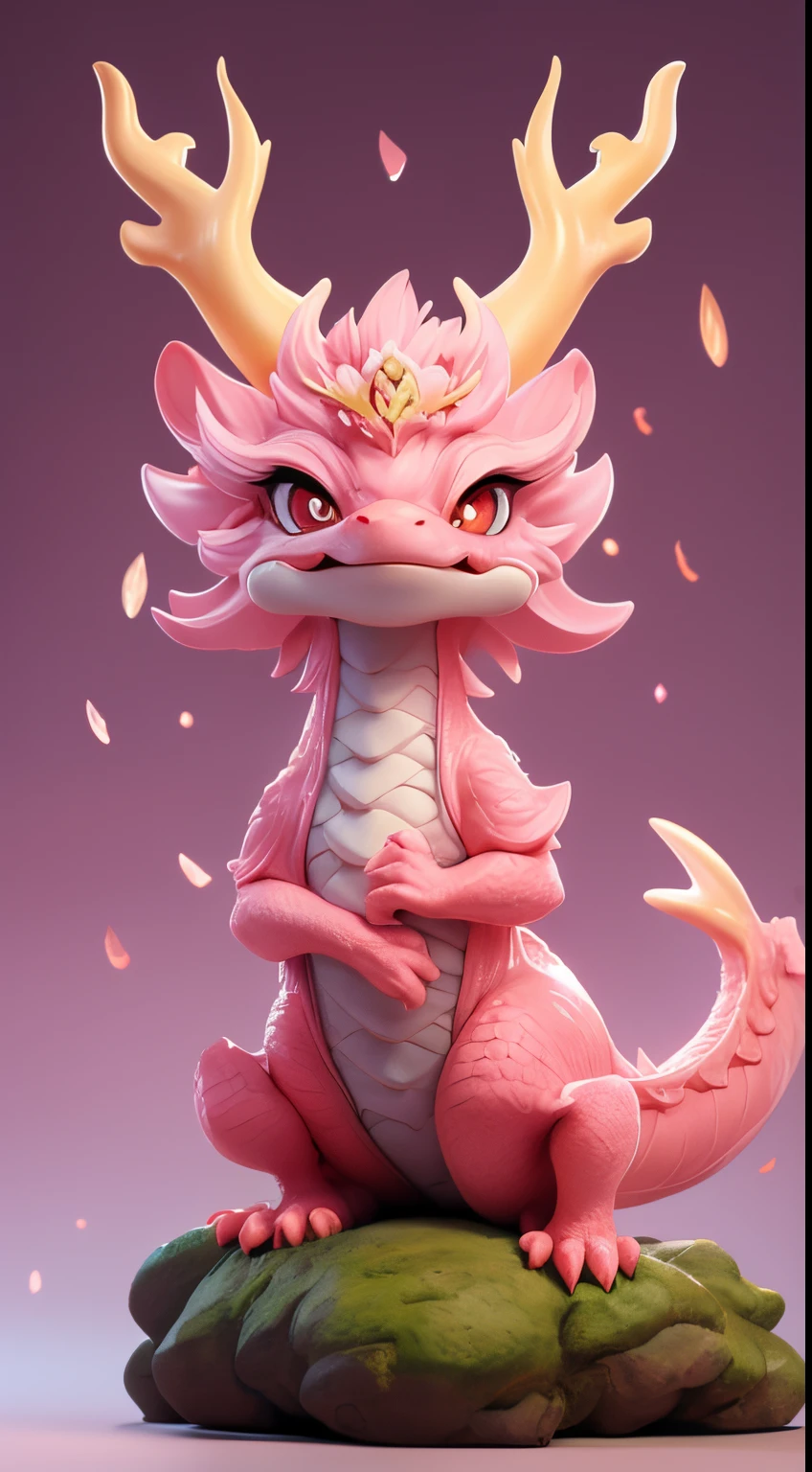 chibi, masterpiece, best quality, original, official art,full body,A cute Chinese dragon, antlers, two hands,Pink dragon scales, standing, anthropomorphic, beautiful light, surreal,blurred background,,cartoon rendering,bright light,
