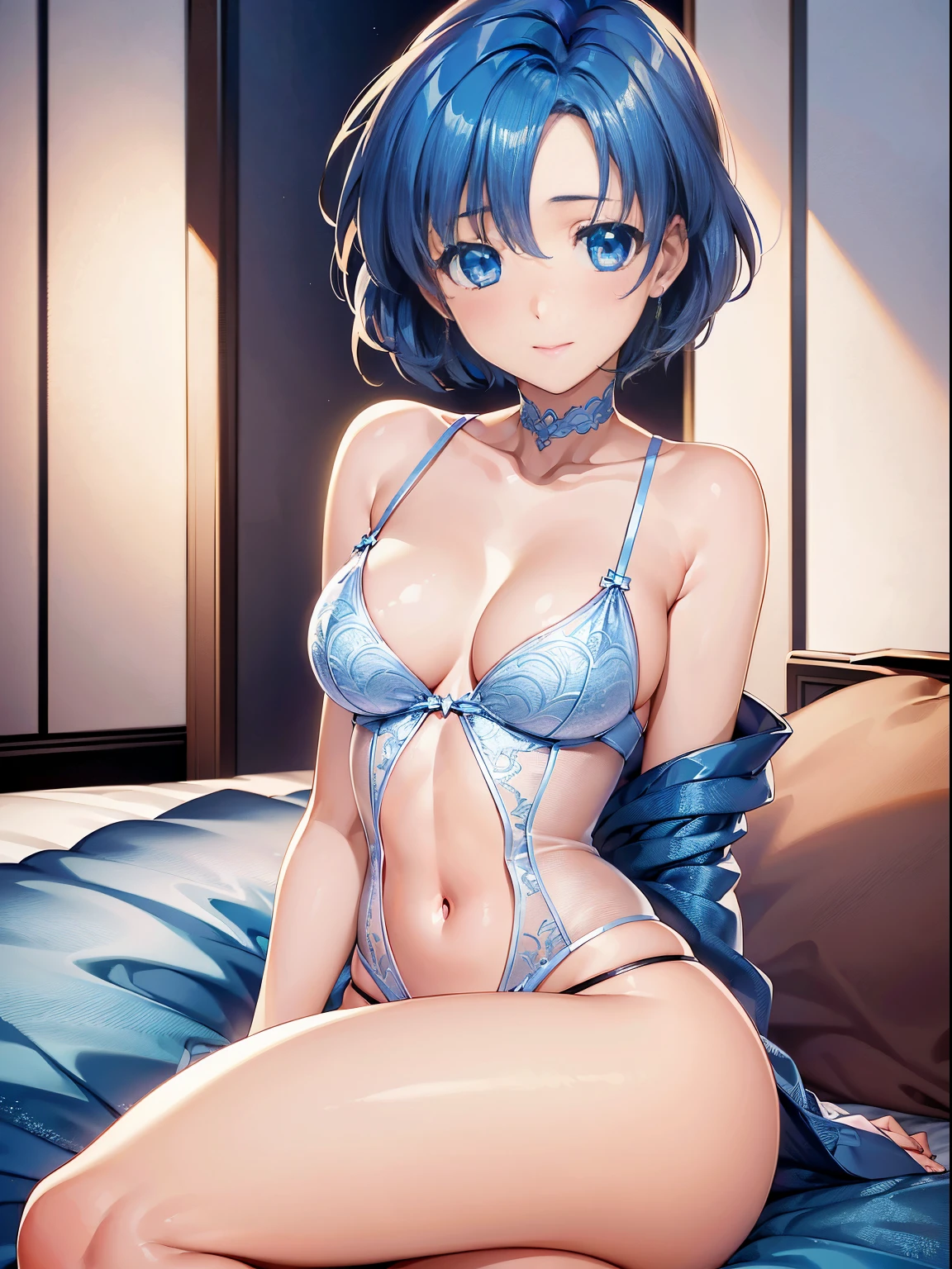 1girl in, lightsmile, Shiny skin, Best Quality, masutepiece, (Game CG:1.4), NSFW, Detailed beautiful face and eyes,爆乳、Lingerie with a small area, Sailor Mercury, I could feel the battle, Serious, Cowboy Shot、large full breasts、((Best Quality)), (Ultra-detailed), (extremely detailed CG unified 8k wallpaper), Highly detailed, High-definition raw color photos, Professional Photography, ((Beautiful big breasts)),  Amazing face and eyes,  (Uniform with open chest), (See-through panties:1.2), Cameltoe, Sitting, (Legs wide open),