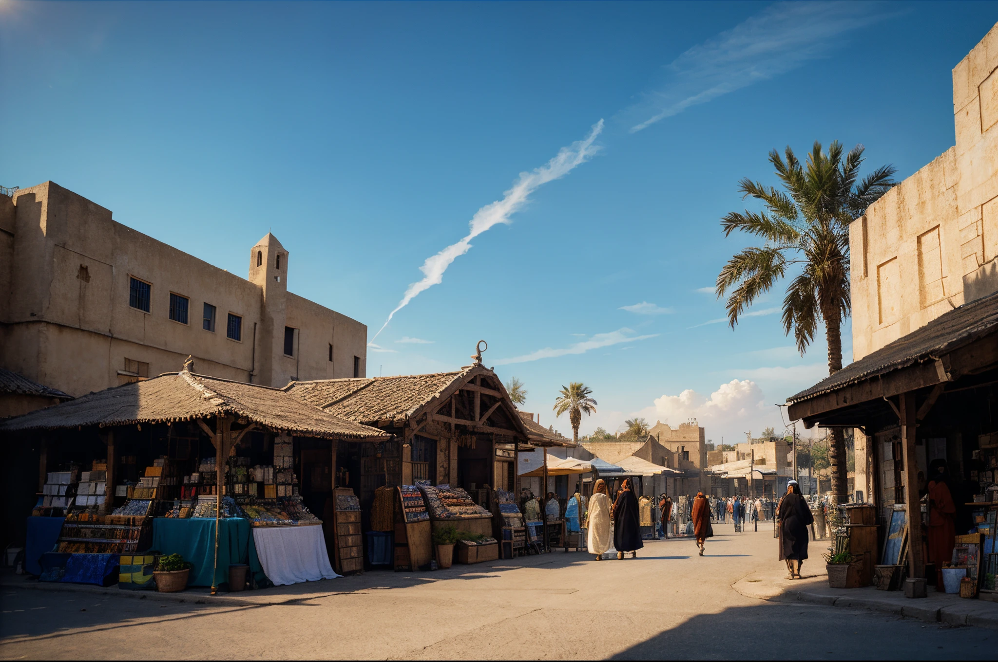 realistic bright oil painting of an middle-east medieval marketplace at sunrise, bright sunrise, the wind blows slowly, full of people, some people walking on the road, some people are selling goods in their stalls, lens flare, with some advanced Islamic buildings, school, mosque, hospital, palm trees at the side of the roads, bright and warm ambient, depth of field, volumetric lighting, cinematic lighting, high resolution, 32K resolution, blue sky, low angle perspective, by Eyvind Earle