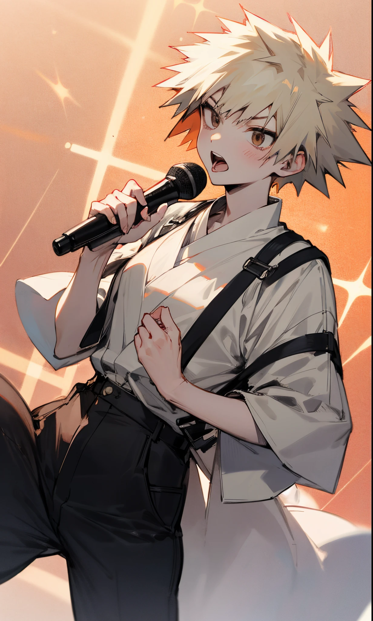 Katsuki Bakugo singing karaoke with a short black haired girl wuth brown eyes and pale skin.