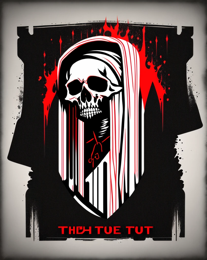 Hot topic, T-shirt design, black background, red and white color scheme, simple colors, guillotine, skulls, gothic