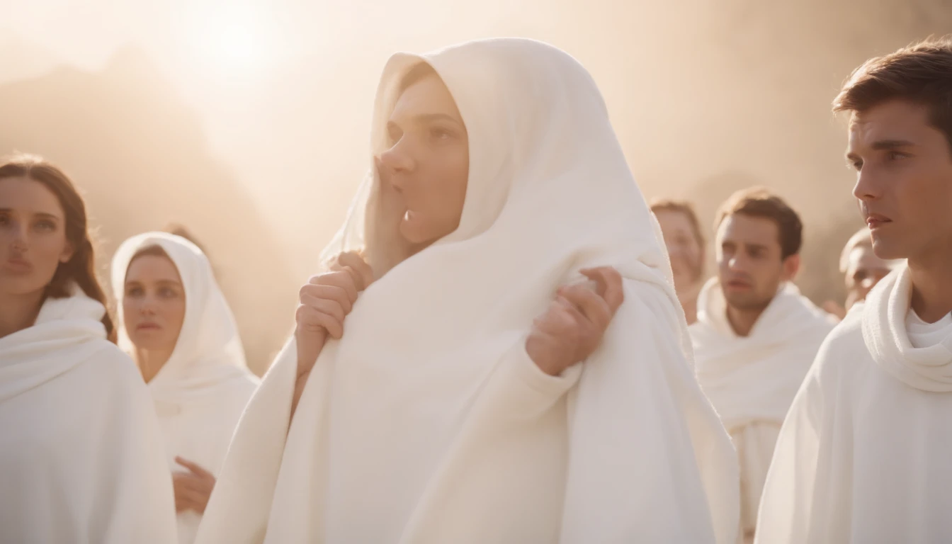a pixa Disney cartoon of biblical times, A Lot of angry young people in heaven dressed in white cloths having white robe around their west.