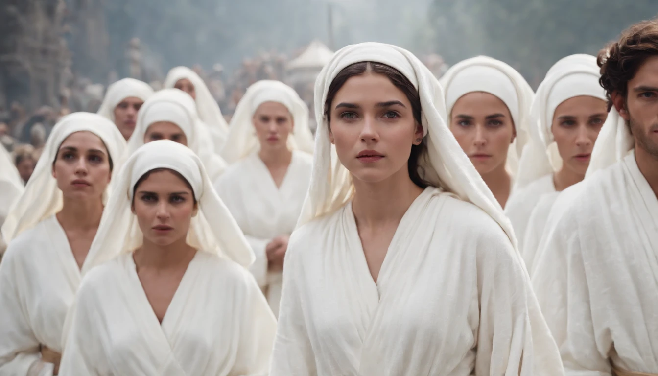 a pixa Disney cartoon of biblical times, A Lot of angry young people in heaven dressed in white cloths having white robe around their west.