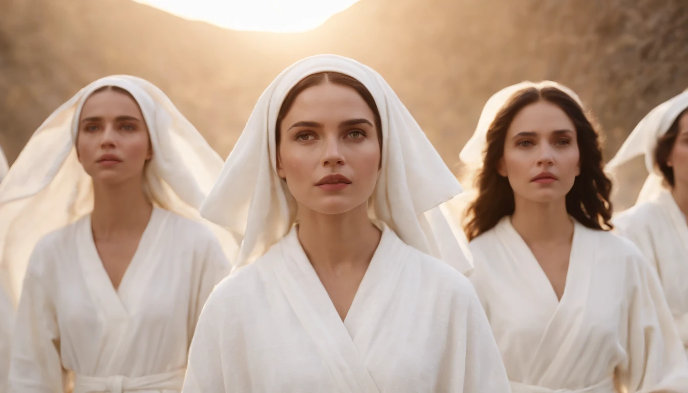 a pixa Disney cartoon of biblical times, A Lot of angry young people in heaven dressed in white cloths having white robe around their west.