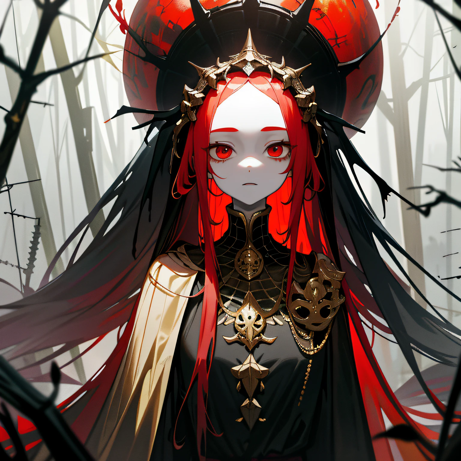 chthonic art, Horror atmosphere, Masterpiece, (monster girl), (pale skin), ((spider legs on head)), red crystal eyes, ((Long bangs)), long black smooth collected hair, ((gold helmet with red accents)), Black and gray fabric armor with red accents, short raincoat, chthonically abandoned world, giant chthonic abandoned medieval buildings, Heavy fog, grey sky, overcast sky, rare trees, Grey Wasteland, Horror atmosphere, (the presence of something scary), highly detailed background, perfect anatomy