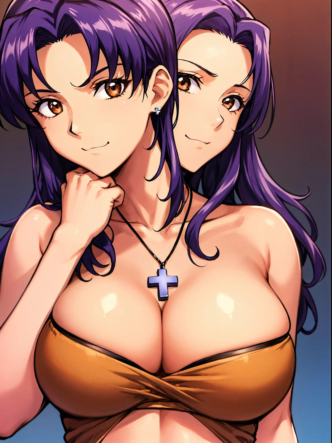 masutepiece, Best Quality, Very detailed_nffsw_Unity_8K_ Wallpaper, Very detailed _ Eyes, Evangelion: 3.0 you can \ (Not \) redo, girl, Solo, Misato Katsuragi, Brown eyes, Indigo hair, Big breasts, Cross Necklace,, Mature Woman, Older, Upper body,