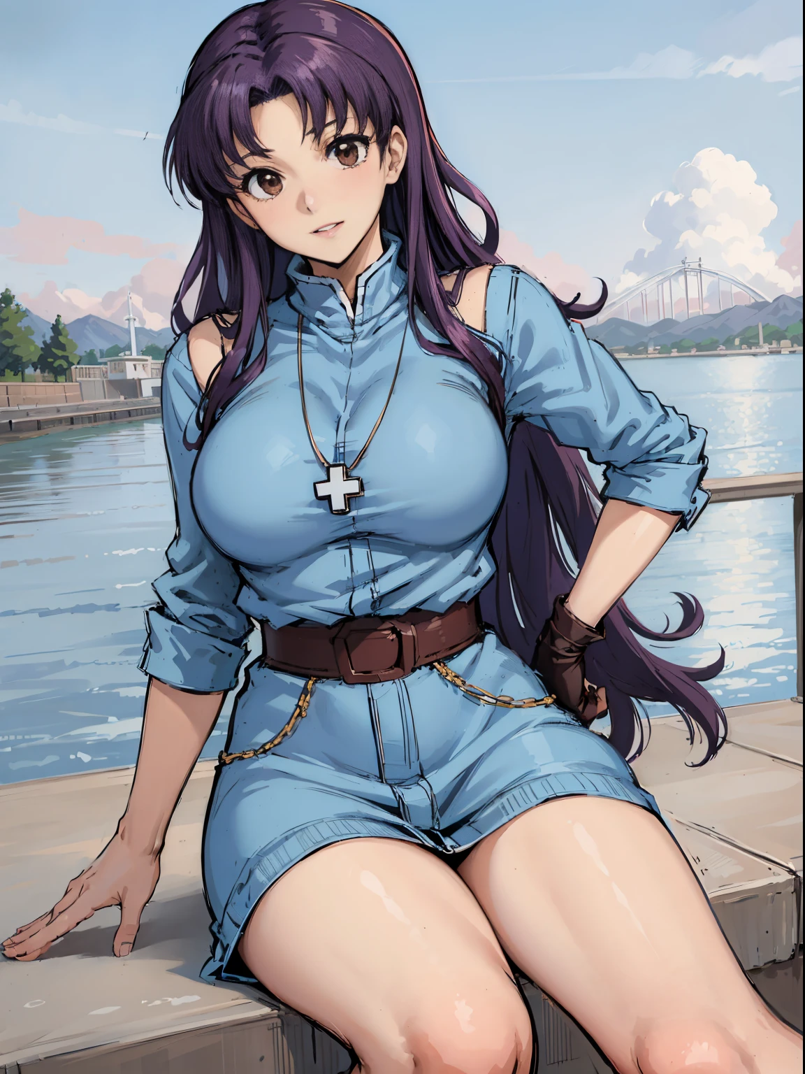 (masutepiece),(Best Quality), Katsuragi Misato,  Brown eyes,  Cross Necklace,  on a bridge, Close, Outside, The Distant Japan Castle, lake, Persistent stare, Sharp eyes, Spread your legs apart、sexy langeries