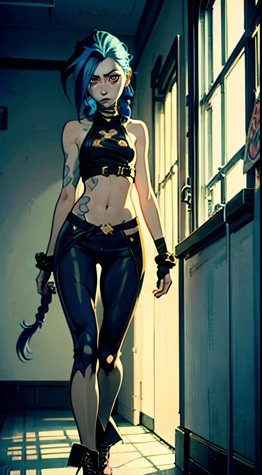 Dark room, adult girl, glow in the dark paint on the walls, drawings on the walls, Arcane style, Arcane's Jinx (character design 1.1.), Standing in a fighting stance, very long blue braids, two very long tails of hair, Very detailed. Anime style, The secret of animation, gloomy composition, The Gloomy Room, luminescent paint on the walls, drawings on the walls, gloomy atmosphere, glowing pink eyes (highly detailed glowing pink eyes, pink pupils 1.1), Pink pupils, very detailed eyes, Beautiful figure, a 1girl, Beautiful figure (Proper Anatopy 1.1.), in full height (Body Full 1.1), Slender figure, shapely legs, Blue hair, hairlong, Skinny black leather pants, Very detailed face, Very beautiful face, Very sexy ass, in full height (Body Full 1.1), small elastic breasts, Little ass, Beautiful slim figure, small buttocks, black tight suit, tmasterpiece，beste-Qualit，higly detailed，Visible to the feet， 8K resolution， High